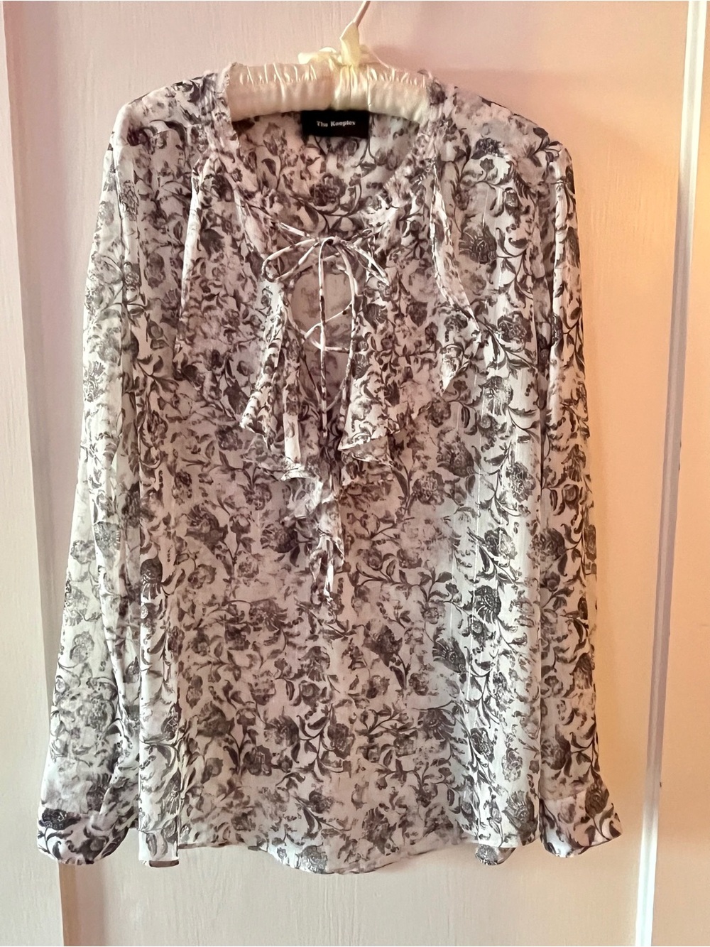 The Kooples White & Black Floral Tie-Detail Blouse with Ruffles & Button Cuffs
